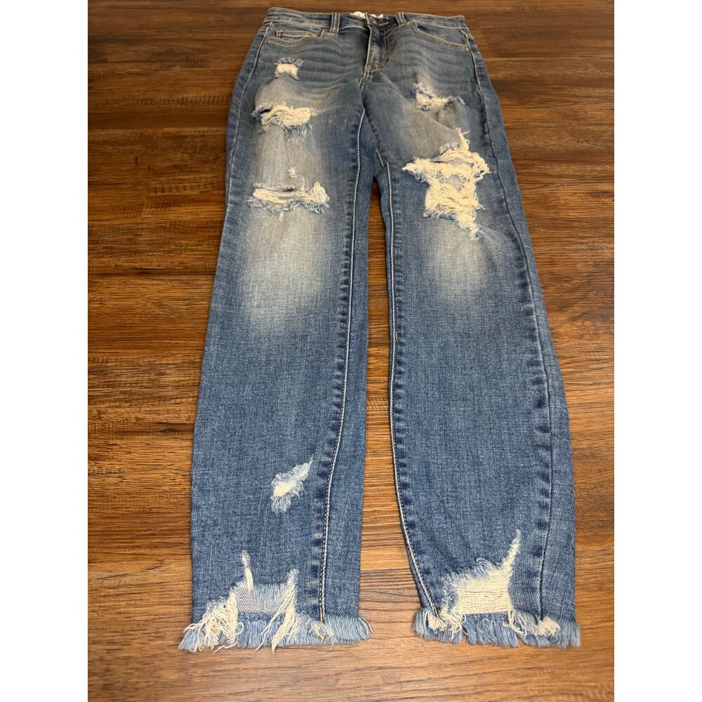 Cello Jeans High Rise ankle Skinny Medium Wash Size 3 distressed Raw Hem STRETCH - Picture 14 of 14